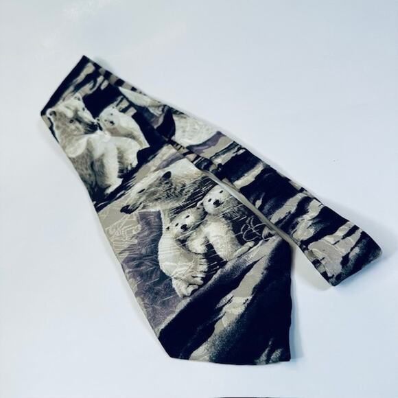 Endangered Species Men's Neck Tie Artic Polar Bears, Blk/White/Blu 100% Silk USA - Picture 14 of 14